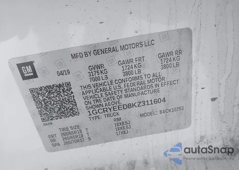 2019 Chevrolet Silverado 1500 Rst z USA, uszkodzony, nr VIN 1GCRYEED8KZ311604